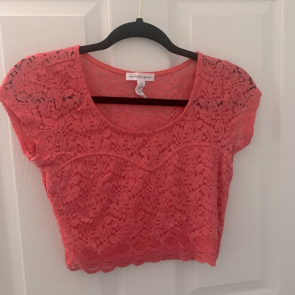 Coral/Pink Lace Crop Top with Scalloped Hem